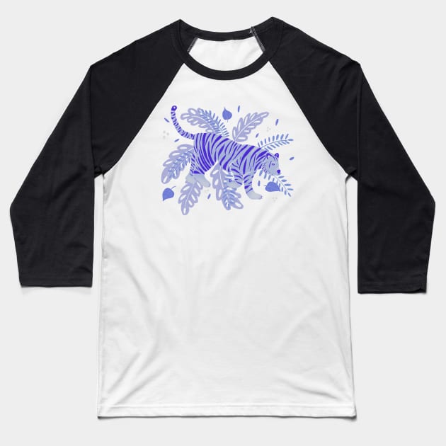 Indigo blue tiger and tropical leaves Baseball T-Shirt by Home Cyn Home 
